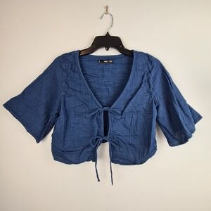 MNG Mango Blue Naxos Tie Front Half Sleeve Cropped Top Small‎ Denim Blue Boho